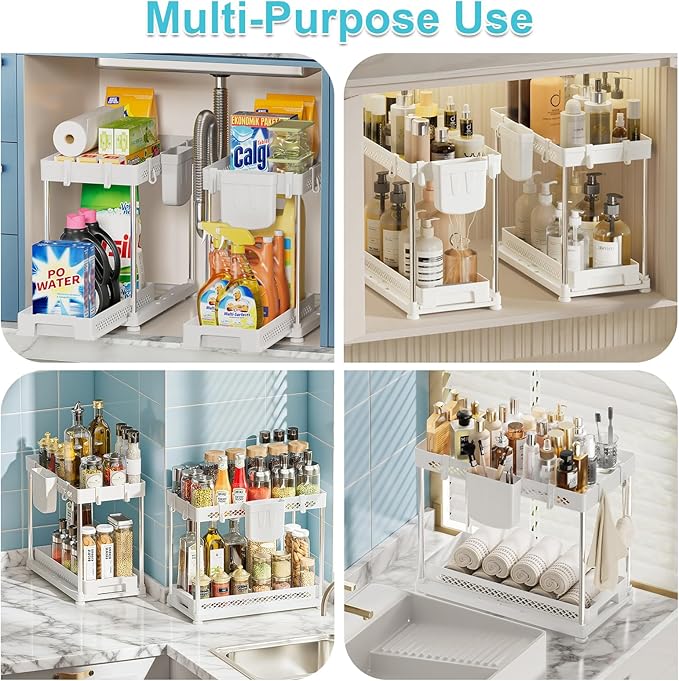 Under Kitchen Sink Organizer, 2-tier Under Sink Organizers and Storage for Kitchen & Bathroom, Multi-Purpose Pull Out Under Cabinet Organizer with Hooks Hanging Cup (White, 2 Pack)