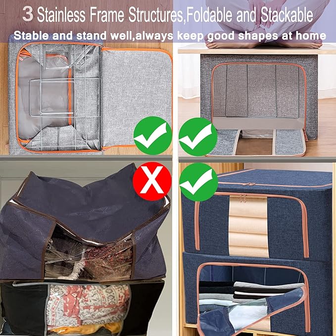 SWEERI Large Storage Bags,Foldable Storage Bins with Hold Shape Metal Frame,Closet Organizer Containers with Zipper,Clear Window,Thick Fabric for Seasonal Clothing,Bedding (66L x 3 Pack)