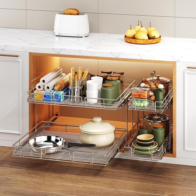 MODCART 2 Tier Individual Pull Out Cabinet Organizer 25½" W x 21½" D, Heavy Duty Cabinet Pull Out Shelves, Slide Out Drawers Organization for Kitchen Cabinets Bathroom