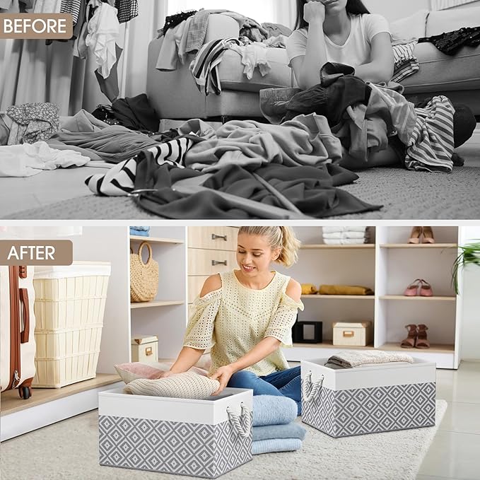 Storage Bins, 2-Pack Large Storage Box with Rope Handles, Collapsible Storage Basket for Organizing Books, Clothes, Rhombic Grey