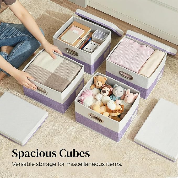 PRANDOM Storage Bins with Lids [3-Pack] Linen Fabric Foldable Storage Boxes Organizer Containers Baskets Cube with Cover for Bedroom Closet Office Purple&White（11.4X8.6X6.7