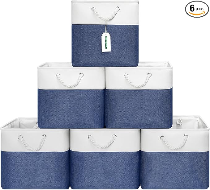 13x13 Inch Cube Storage Bins with Reinforced Bottom Cardboard, 6 Pack Large Foldable Fabric Storage Cubes with Handles for Shelf, Closet, Laundry Organization (White&Navy Blue)