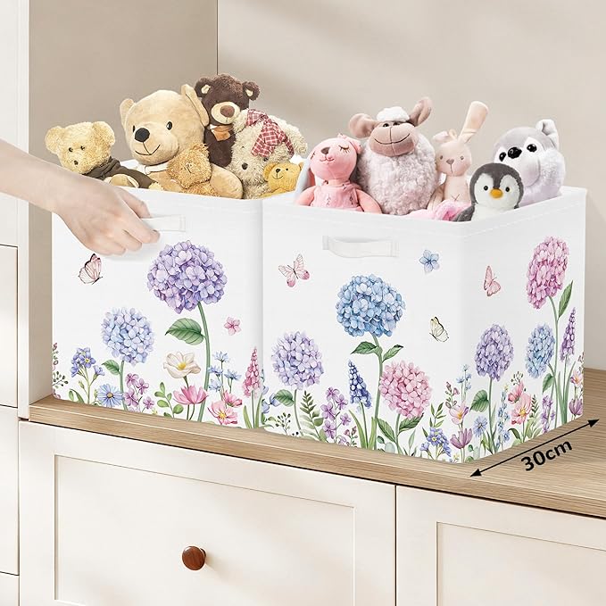 Clastyle Flowers Storage Cube Organizer Set Handle Closet Clothes Cube with Metal Frame Foldable Parents Organizer Storage Basket for Book Toy,Purple Hydrangea,11.8x11.8x11.8 in