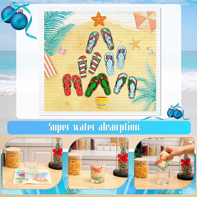 6 Pcs Swedish Kitchen Dish Towels Kitchen Cloths Reusable Sponge Cleaning Cloths Absorbent Dish Cloth Quick Drying Washable Cleaning Wipes No Odor Hand Towel (Christmas Beach)