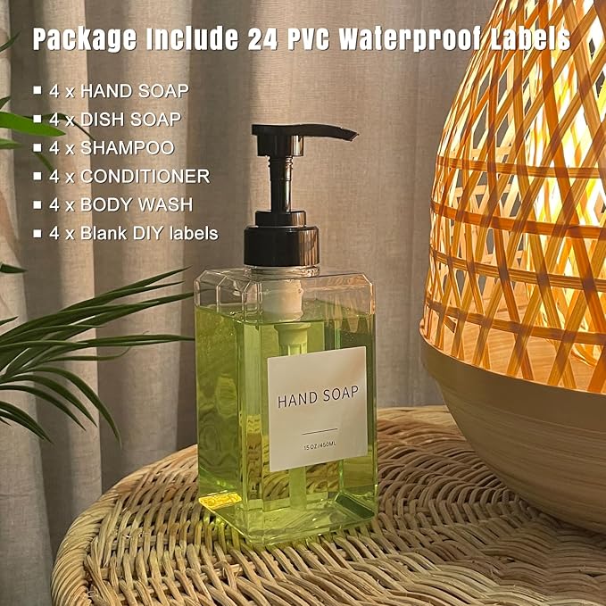 Clear Soap Dispenser with Waterproof Labels, Thickened Plastic Hand Soap Dispenser for Bathroom, Kitchen Dish Washing Liquid Bottles, Shampoo and Conditioner Bottles with Funnel (15oz 4Pack Clear)