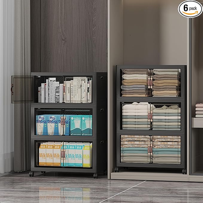 Extra Large Stackable Storage Bins with Lids & Wheels & Door,Foldable Collapsible Closet Organizers, Plastic containers drawers for bedroom Dorm (Dark-55qt, 6Pack with 2 top lids)