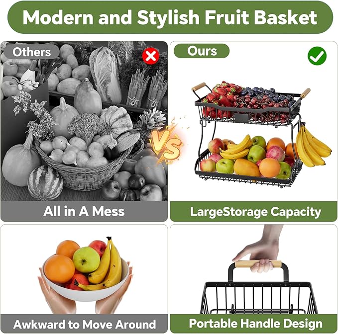Simple Trending Fruit Basket 2-Tier Detachable, with Banana Hangers & Rust-Proof Metal Mesh, Ventilated Kitchen Organizer for Countertop, Perfect for Fruits, Vegetables, Snacks Storage