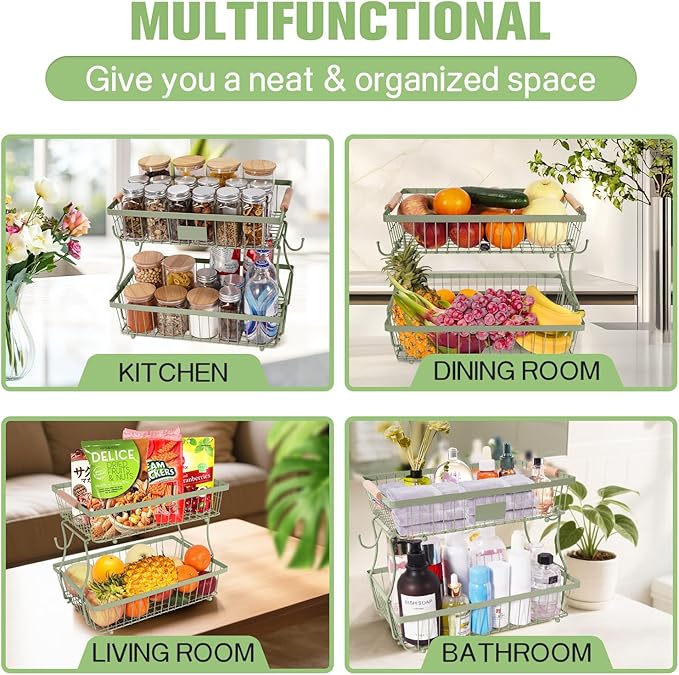 Fruit Basket Bowl 2 Tier Detachable with 2 Banana Hangers, Fruit Stand Holder for Kitchen Countertop, Metal Wire Vegetable Storage Organizer, for Bread Snack Veggies Produce,green
