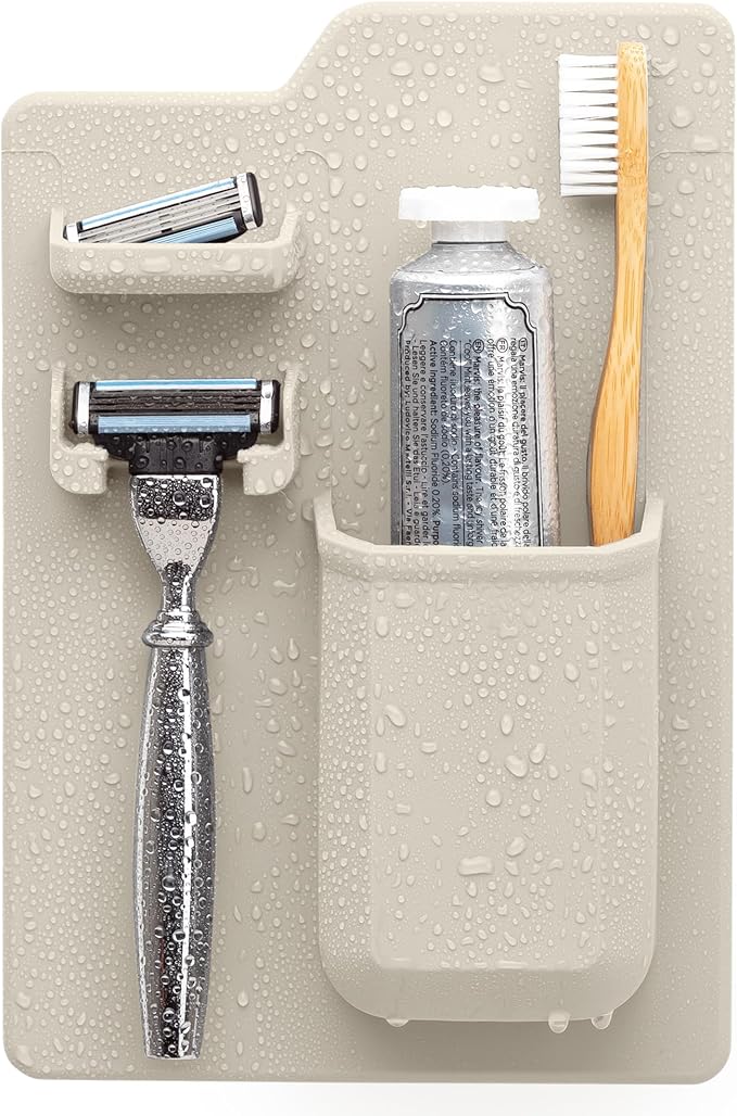 TOOLETRIES The Harvey Toothbrush & Razor Holder - Silicone Shower Organizer, Toiletries & Toothbrush Holder for Shower, Bathroom Accessory - Silicone-Grip Technology, Removable & Reusable - Sand