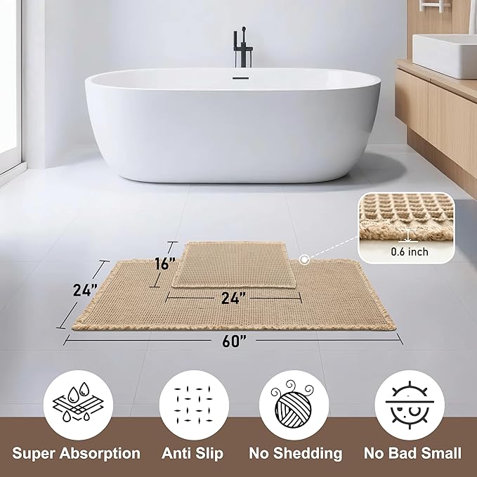 JIUZHEN Set of 2 Waffle Bath Mats Non Slip Waffle Bathroom Runner Rug Washable Boho Runner Bath Rugs Super Absorbent Shower Mat for Bathroom Kitchen Hallway Laundry, 16" x 24" +24" x 60", Brown