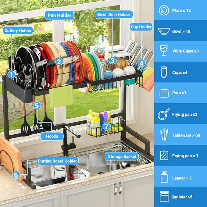 ADBIU 【Fit Sink 24"- 35.6" L 2024 Over The Sink Drying Rack (Expandable Dimension) Snap-On Design 2 Tier Large Dish Rack Kitchen Count Organization and Storage