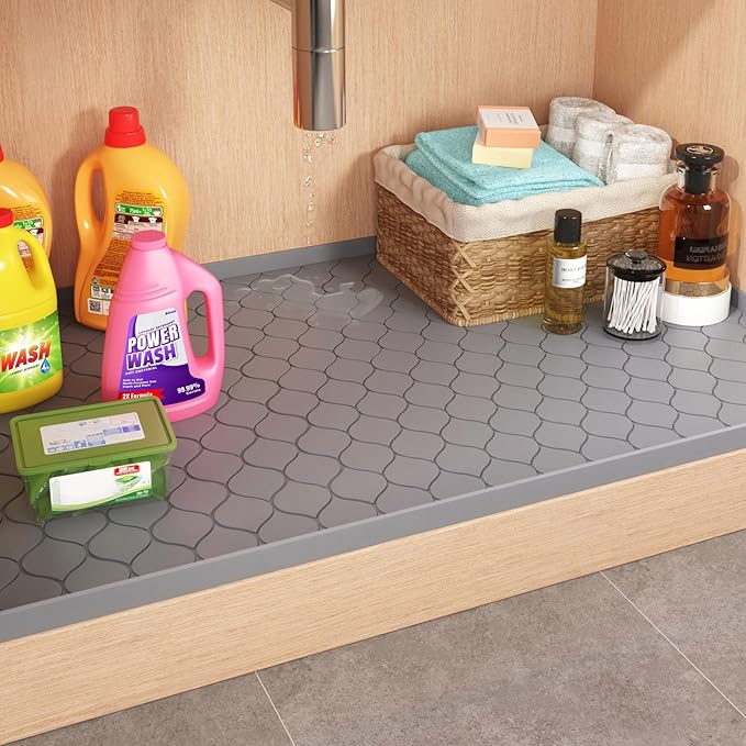 Silicone Under Sink Mat 40" x 22", kitchen Essentials and Gadgets, Shelf liner and Cabinet Protector, Home Organizers and Storage, Waterproof Bathroom Tray