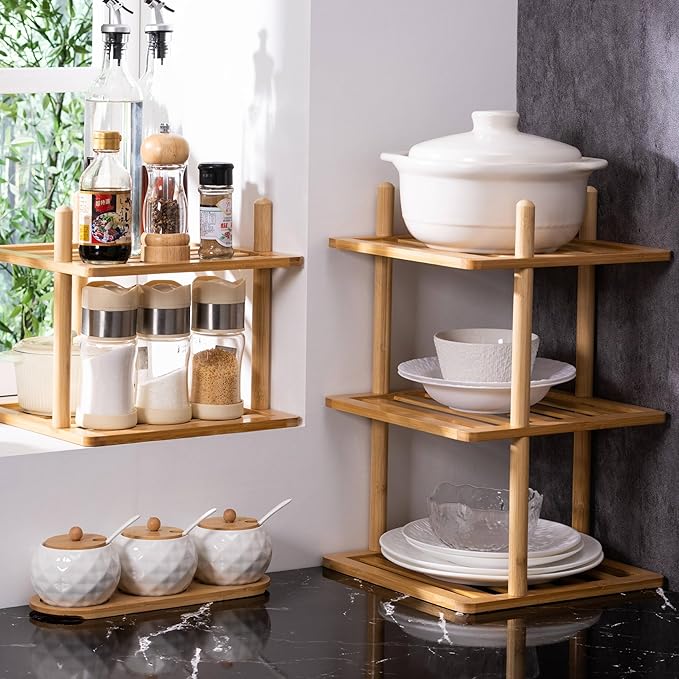2Pcs 3-Tier Cabinet Organizer Shelf - Bamboo Corner Rack for Kitchen Counter, Cabinet Space Saver for Plates, Dishes, Bowls, Bread - Pantry and Bathroom Storage or Countertop (2, 3Tier-Large-6.7"H)
