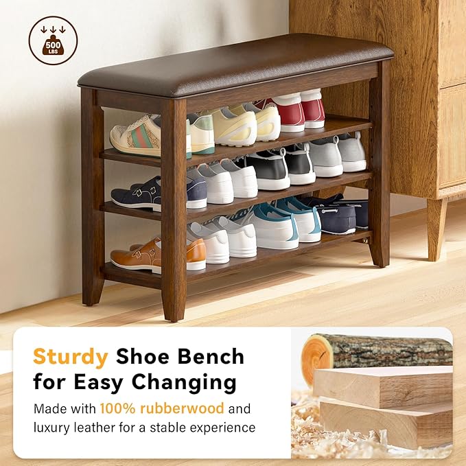 Taitiy Shoe Bench Storage Rubberwood with Leather Cushion for Entryway Bench Ideal for Hallways Shoe Rack Front Doors Entrances Mudrooms Featuring 3 Height-Adjustable and Removable Shelves