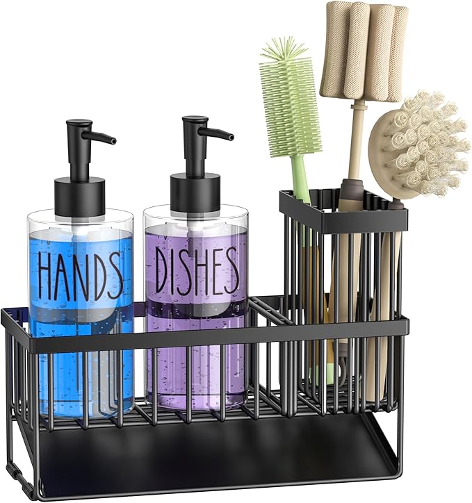 MASADI Kitchen Dish Soap Dispenser Set with Sponge Holder, 12OZ Glass Bottle, Hand and Dish Soap Dispenser Set, Non-Slip Silicone Pad, Brush Holder, Kitchen Sink Organizer Countertop (Black+Clear)
