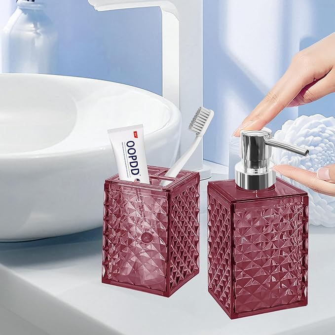 2PCS Burgundy Bathroom Accessories. Contain Soap Dispenser and Toothbrush Holder Set. Boho Bathroom Set for Blue Bathroom Décor