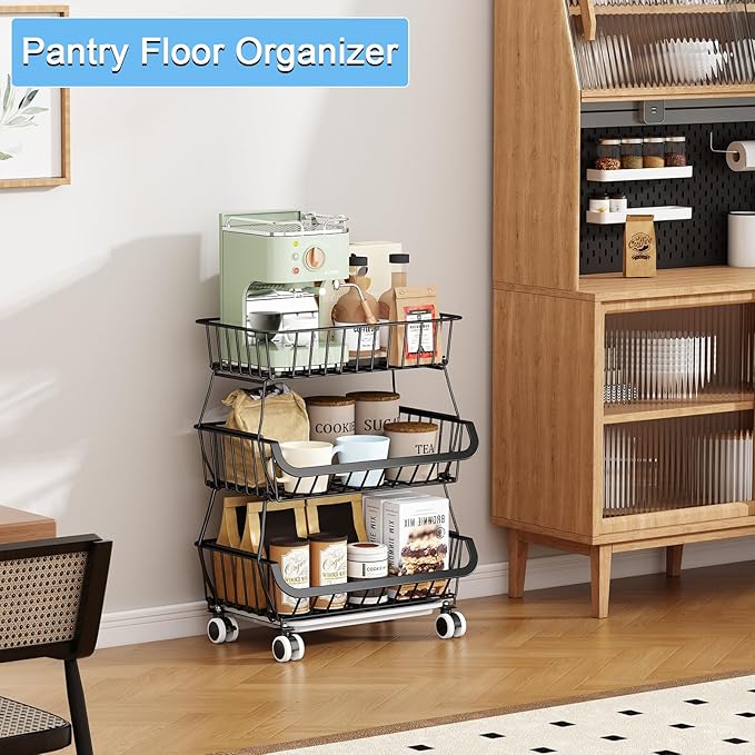 3-Tier Rolling Pantry Floor Organizer, Stackable Pantry Storage Cart with Wheels, Metal Wire Pantry Baskets, Kitchen Fruit Basket Stand, Vegetable Storage Rack for Fruits Snacks Onions Potatoes,1 Pack