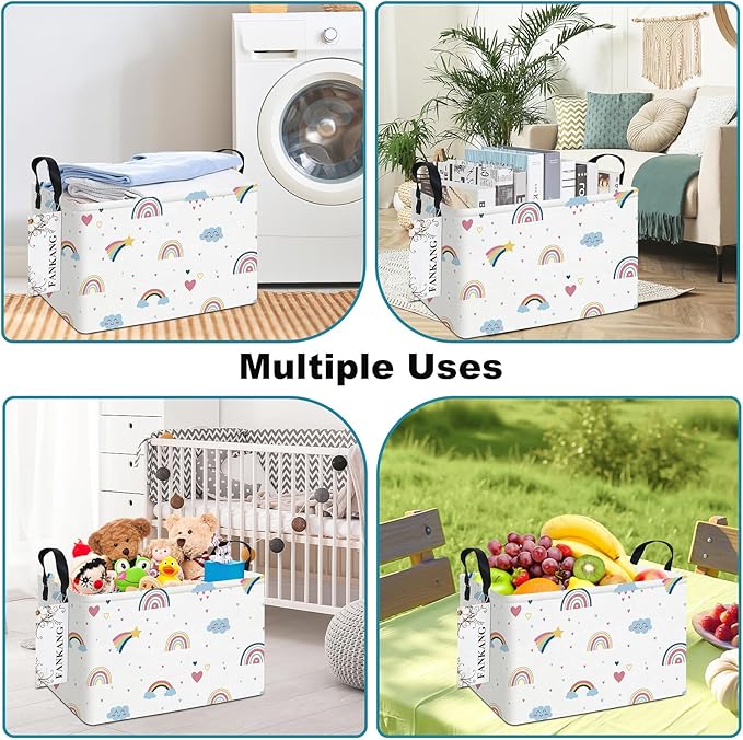 FANKANG Storage Bins, Nursery Hamper Canvas Laundry Basket Foldable with Waterproof PE Coating Large Storage Baskets for Kids Boys and Girls, Office, Bedroom, Clothes,Toys(Rec-Love Rainbow）