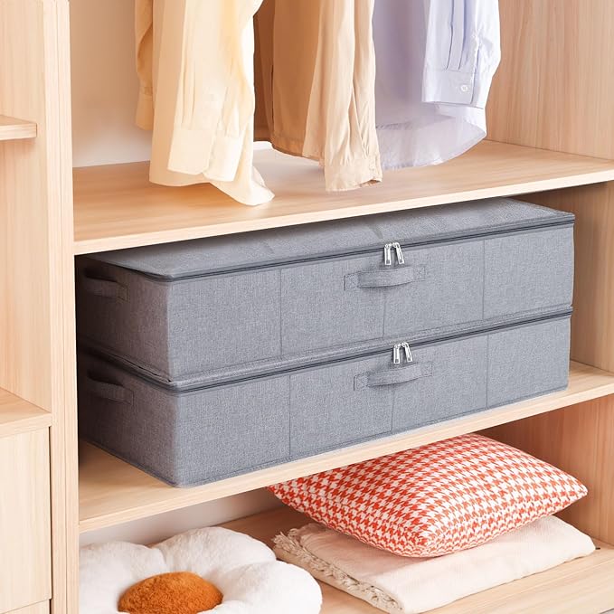 Underbed Storage Organizers, 31.5 x 15.7 x 5.9 Inch Container Bags with Lids and Handles, Storage Boxes for Blanket, Pillows, Shoes, Grey, 2 Pack