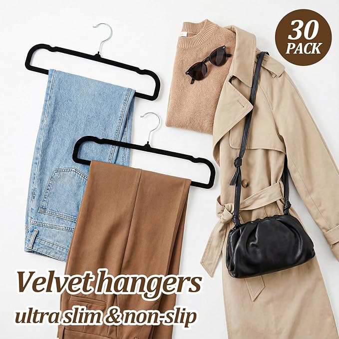 Velvet Pants Hangers Non Slip, 30 Pack Velvet Hangers for Closet with 30 Hooks, Strong Durable Space Saving Slim Clothes Hanger, Ultra Thin Flocked Hanger for Pants, Shirts, Bra, Shorts (Black)