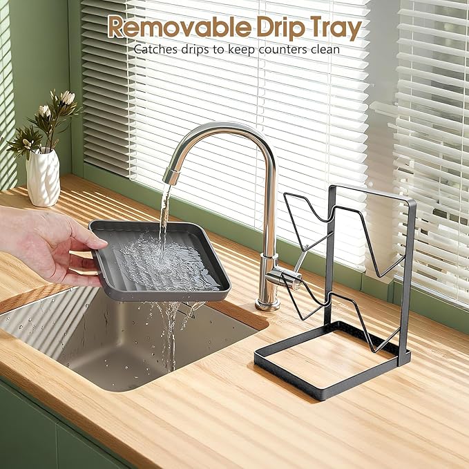 Kitchen Pot Lid Storage Rack, Double-Layer Pot Lid Organizer with Removable Drip Tray, Pot Lid Holder While Cooking, Space-Saving kitchen Countertop Organizer Storage for Pots Pans & Cutting Boards