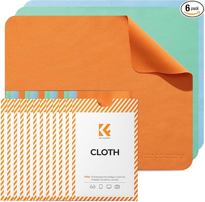 K&F CONCEPT 6 Pack Lens Cleaning Cloth | Microfiber Cleaning Cloth | Glasses Cleaning Cloths | Eyeglass Lens Cleaner | Eyeglasses, Camera Lens, VR/AR Headset Screen Cleaning | Orange & Green & Blue