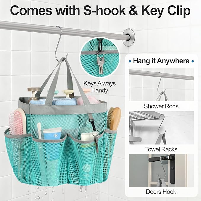 F-color Mesh Shower Caddy Portable - 2 Handles Upgrade Deeper 7 Pockets Basket Bag Tote for College Dorm Room Toiletry Bathroom Essentials Gym Camp Quick Dry with S Hook, 2 Pack Mint Green