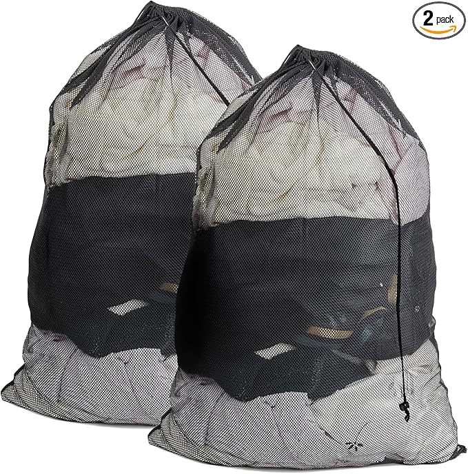 2 Pack Mesh Laundry Bags,24 x 35 Inches Heavy Duty Drawstring Dirty Clothes Bag for Camp,College,Dorm,Travel,Family,Apartment Dwellers,RV & Cruise Essentials(Black)