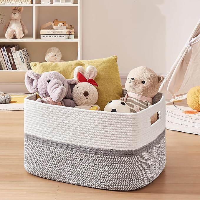 OIAHOMY Large Blanket Basket, 22”x17”x12” Rectangle Woven Baskets, Nursery Blanket Storage Living Room, Toy Storage With Handle, Large Baskets for Organizing-Grey/White