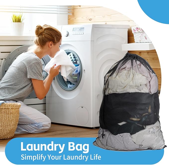 2 Pack Mesh Laundry Bags,24 x 35 Inches Heavy Duty Drawstring Dirty Clothes Bag for Camp,College,Dorm,Travel,Family,Apartment Dwellers,RV & Cruise Essentials(Black)