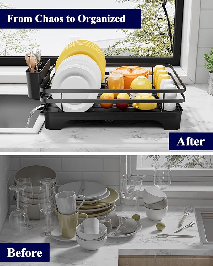 Kitsure Dish Drying Rack - Multi-Functional Dish Rack for Kitchen Counter with Cutlery Holder, Rust-Proof Storage Solution with Rotatable, 15.7" x 12.0" x 5.5", Black