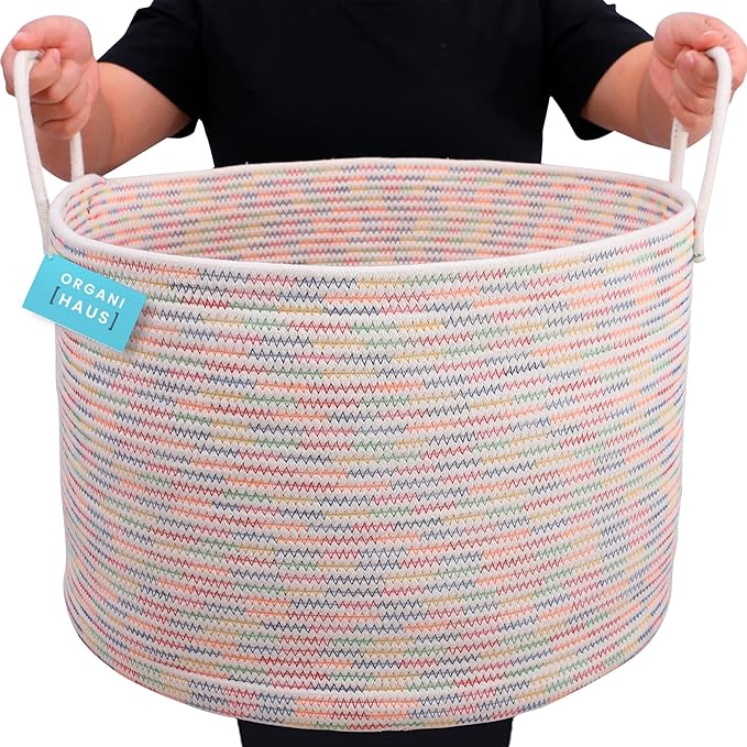 OrganiHaus Large Woven Storage Basket for Blankets and Toys 20" x 13" Inch, Rope Laundry Basket with Handles, Cushions & Pillows Storage Bin, Nursery Hamper, Soft Round Dog Toy Bin - Rainbow Stitches