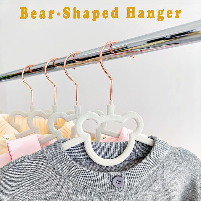 30 Pack Gray Velvet Baby and Kids Clothes Hangers - 12.6in for Ages 4-10, with Cute Bear, Rotating Rose Gold Hook, Non-Slip, Space-Saving Slim Felt Hangers for Toddler Coats, Jackets, Dresses