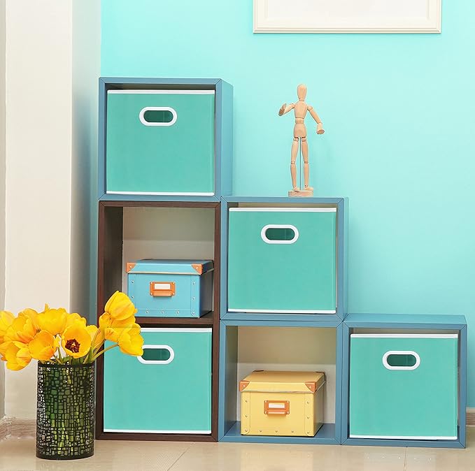 Simple Houseware Foldable Cube Storage Bins with Handles, 11-Inch, Turquoise, 6-Pack, Fabric Cubes Organizer for Closet or Shelves