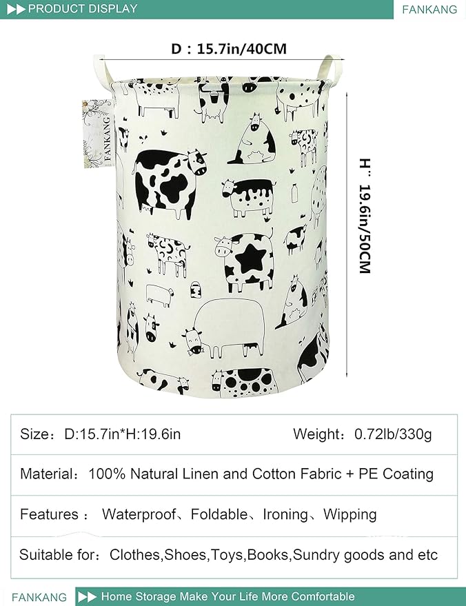 FANKANG Storage Basket, Nursery Hamper Canvas Laundry Basket Foldable with Waterproof PE Coating Large Storage Baskets for Kids Boys and Girls, Office, Bedroom, Clothes,Toys（Cows）