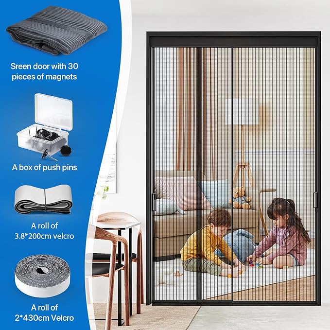Heavy Duty Door Screen Magnetic Closure, LOVIGA 2024 Thickened Fiberglass Screen Door Mesh, Self Sealing, Left Side Opened, Pets Friendly, Fine Mesh Keep Bugs Out Fit Door Size 72 Inch X 95 Inch