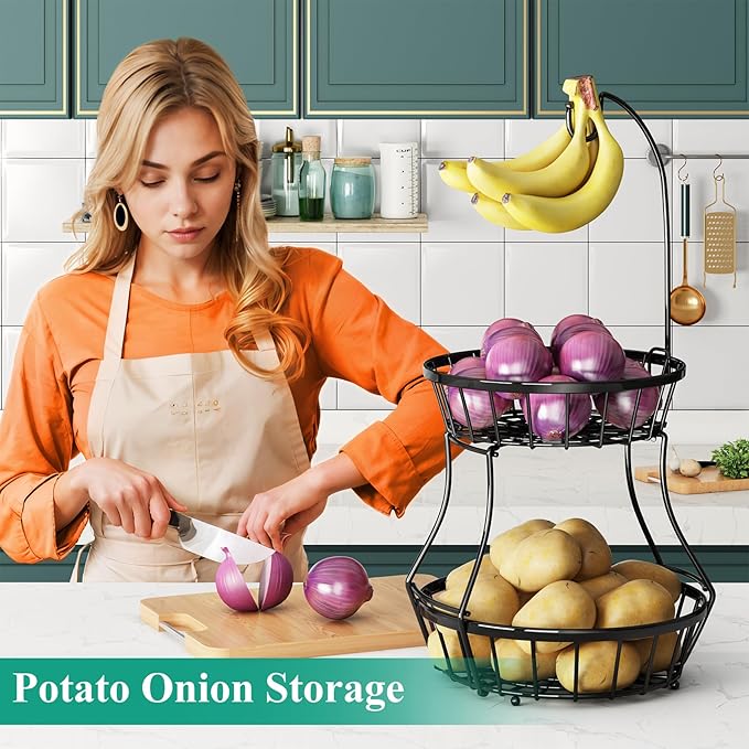 2-Tier Fruit Basket Bowl Stackable Vegetable Storage with Banana Tree Hanger Stand for Kitchen Countertop, Metal Wire Basket for Bread Onions Potatoes Black