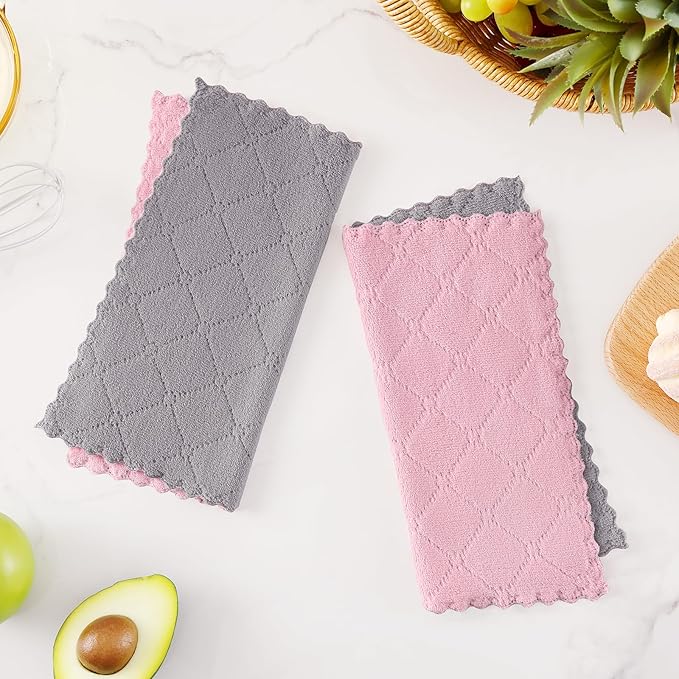 Homaxy 12 Pack Kitchen Cloths Dish Towels (10" x 10", Grey & Pink), Super Soft and Absorbent Dish Cloths, Coral Velvet Microfiber Cleaning Cloth, Nonstick Oil Fast Dry Dishcloths