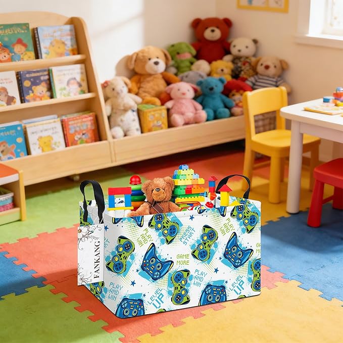 FANKANG Storage Bins,Nursery Hamper Canvas Laundry Basket Foldable with Waterproof PE Coating Storage Baskets for Boys and Girls, Office, Bedroom, Clothes,Toys(Rec-Game ）