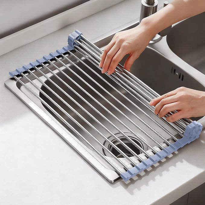 NEZUIBAN Drying Rack with Roll Up and Over Sink for Kitchen,17.5"x15.7",Gray
