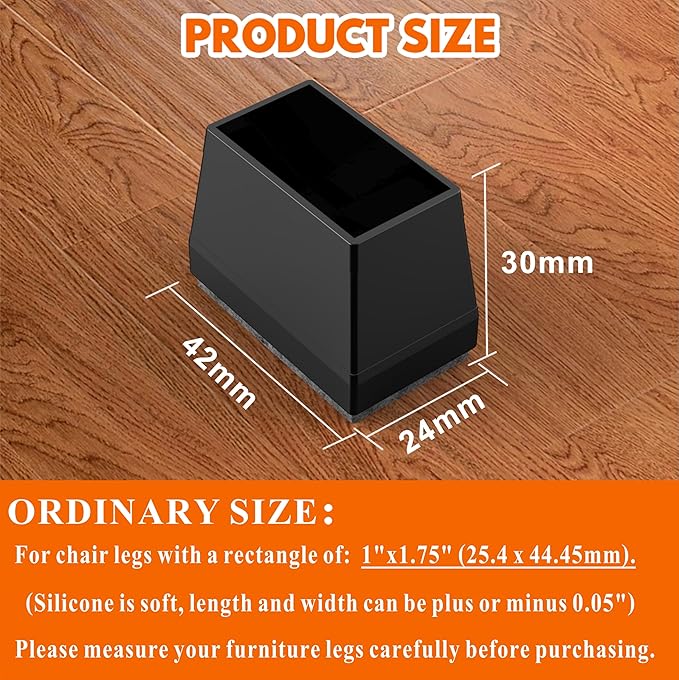 Rectangle Chair Leg Protectors for Hardwood Floors,16 PCS Silicone Covers to Protect Wood Tile Floors Felt Pads Furniture Leg Caps Reduce Noise. Easy to Move.(Black,1 x 1.75 Inch,Rectangle)