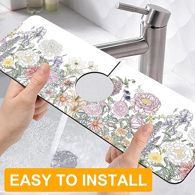 2 Pack Butterfly Floral Sink Splash Guard Faucet Mat Rose Lily Tulip Peony Super Absorbent Fast Drying Mat Sink Gadgets-Splash Guard Behind Faucet Drip Catcher for Kitchen Bathroom, 15.5"x5.5"