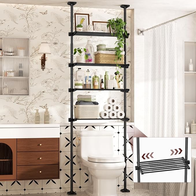 Goovilla Over The Toilet Storage Shelf, 4 Tier Bathroom Organizer Shelves with 64-124inch(H) 15-27inch(W) Adjustable No Drilling Tension Mounting, Black Space Saver Bathroom Shelf Rack Above Toilet