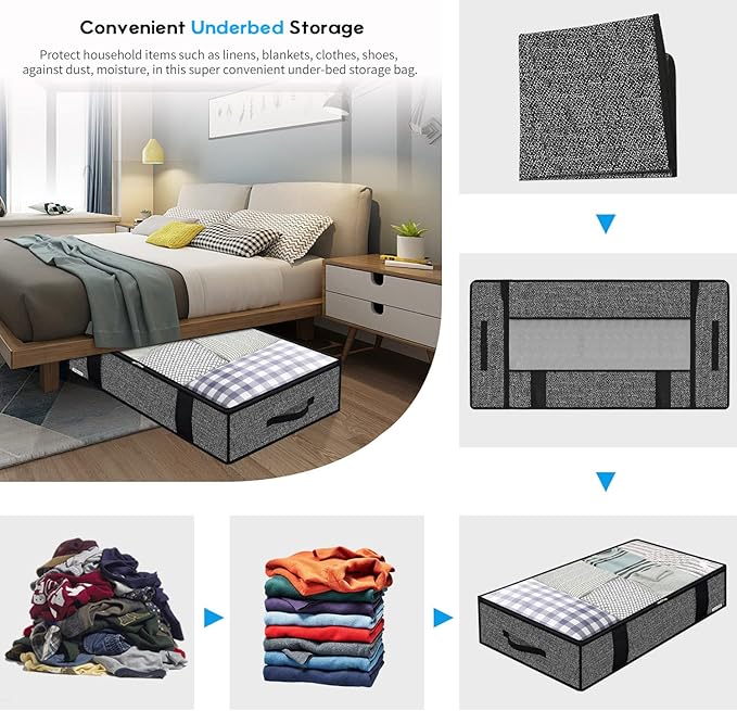Onlyeasy Foldable Underbed Bags - 2 Pack Blankets Clothes Comforters Storage Bag Breathable Zippered Organizer for Bedroom with Clear Window and 4 Handles, 100 x50 x15cm, Linen-Like Black, MXAUBBP2