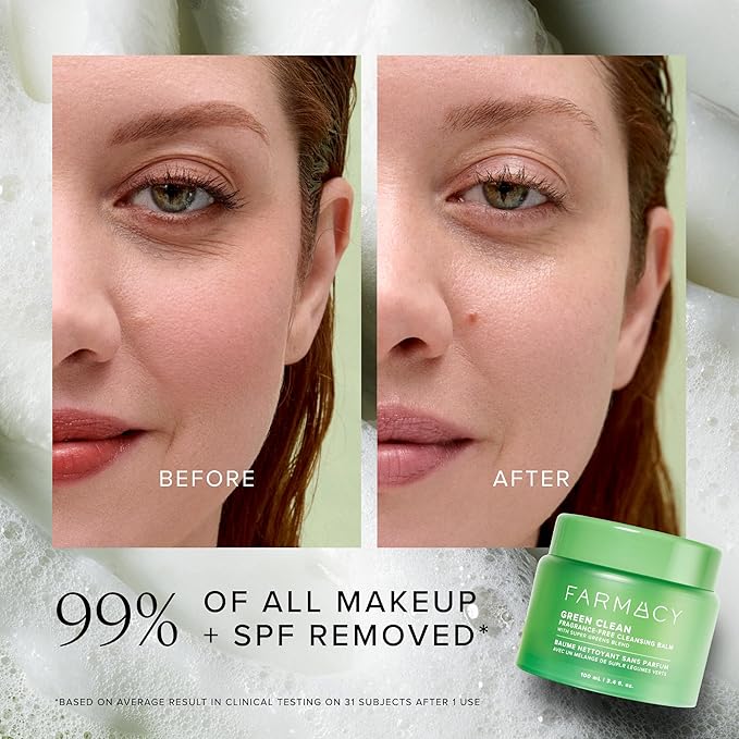 Farmacy Sensitive Skin Makeup Remover Cleansing Balm - Green Clean Waterproof Makeup Remover Balm + Oil Cleanser for Face - Melts Make Up + SPF - Hydrates + Softens Skin - Fragrance Free (100ml)