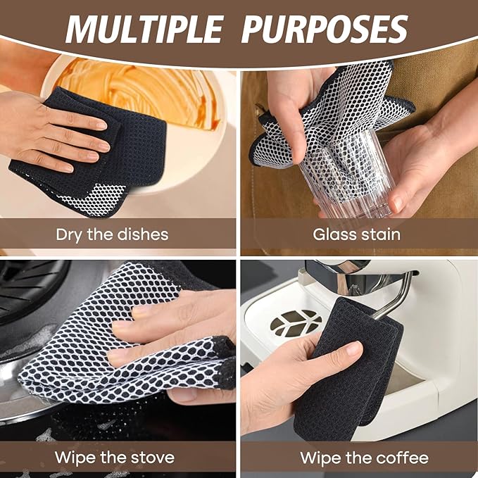 KinHwa Kitchen Washcloths for Dishes Absorbent Microfiber Dish Cloths Quick Dry Dish Rags with Poly Scour Scrub Side Ideal for Kitchen Cleaning (Dark-Black, 9inchx9inch 9 Pack)