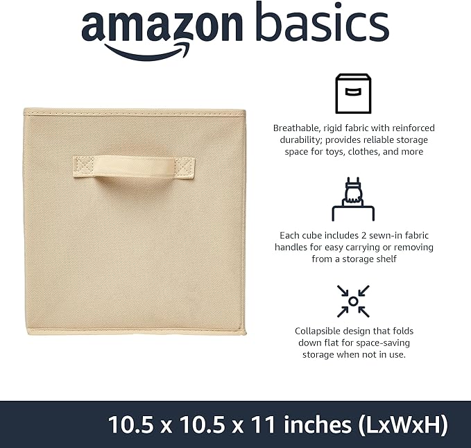 Amazon Basics Collapsible Fabric Storage Cubes Organizer with Handles,Sturdy,Beige,10.5-x-10.5-x-11-inch,6 Count (Pack of 5)