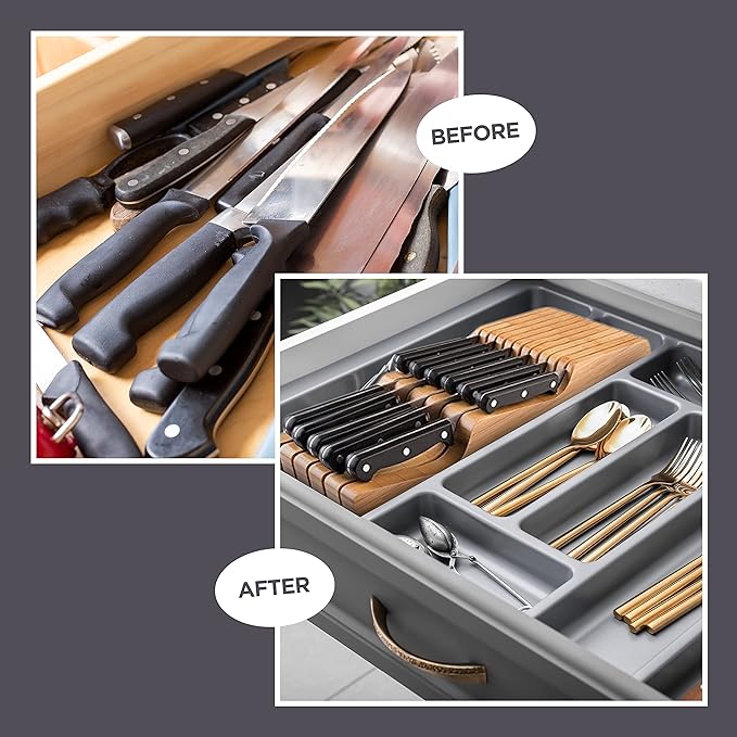 In-Drawer Knife Block - Bamboo Knife Drawer Organizer for Kitchen - Fits 5 Long + 6 Short Knives - Store Knives with Blades Pointing Down - Wooden Steak knife Holder without Knives - Chef Gift Idea