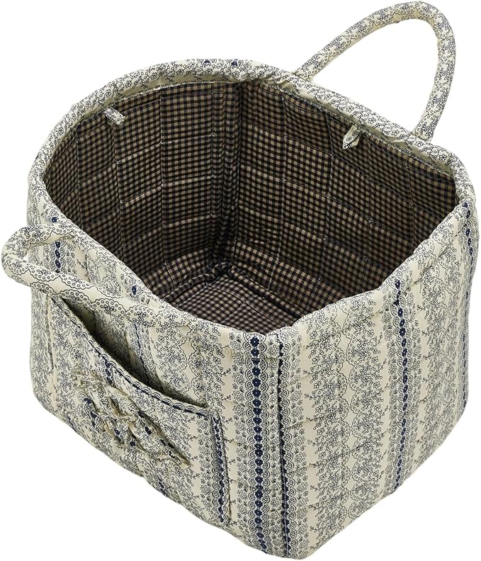 Quilted Fabric Storage Basket with Handles & Pocket, Foldable Laundry Hamper Boho Floral Print Organizer Bin for Home, Picnic, Office 12"x10"x10" (B-4)