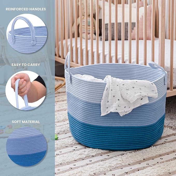 OrganiHaus Large Woven Storage Basket for Blankets and Toys 20" x 13" Inch, Rope Laundry Basket with Handles, Cushions & Pillows Storage Bin, Nursery Hamper, Soft Round Dog Toy Bin - Blue